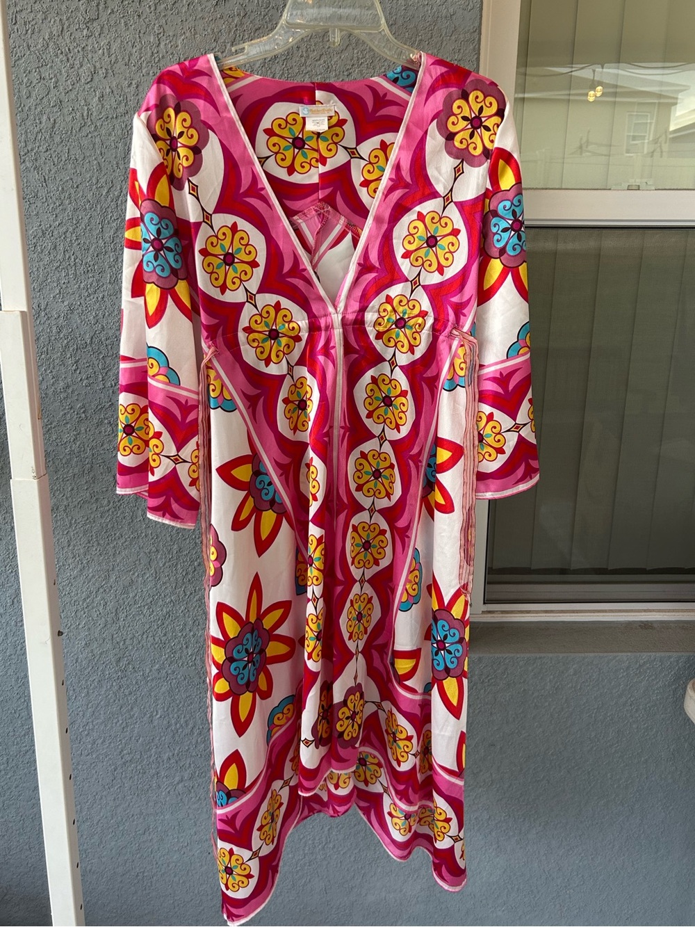 Rubber Ducky Productions Women’s Floral Satin Kaftan Dress V-Neck Size M Lounge